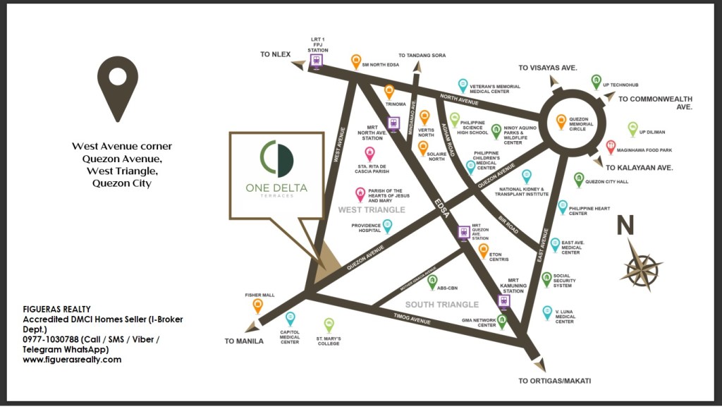 One Delta Terraces is located at the corner of Quezon Avenue and West Avenue in Quezon City (formerly Delta Building)