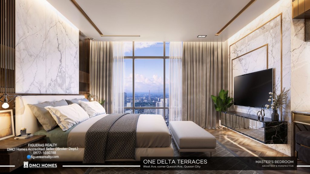 Artist's Illustration of the Master's Bedroom of a 2 Bedroom / 3 Bedroom condo unit at One Delta Terraces in Quezon City by DMCI Homes